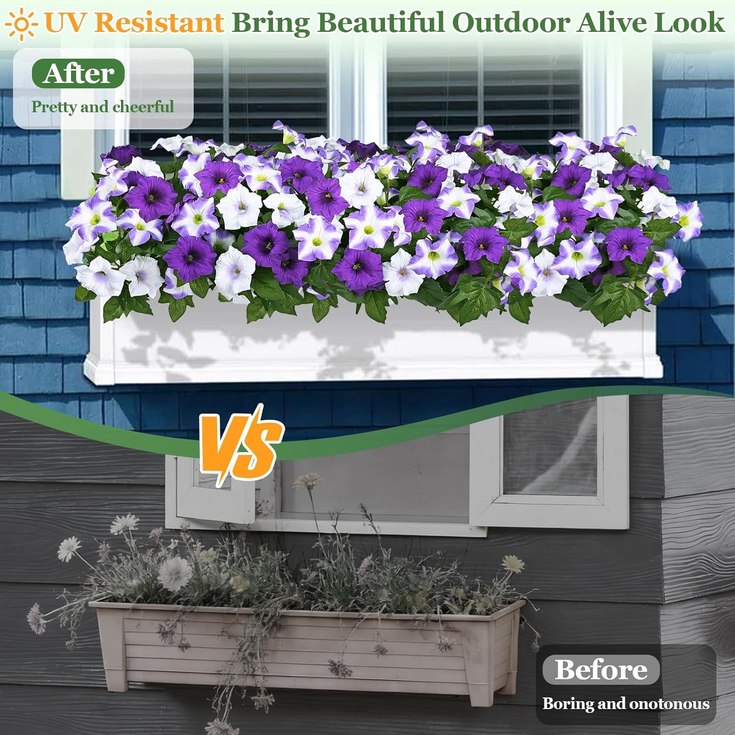 MARTINE MALL Artificial Flowers for Outdoors, 4 Bundles Realistic Fake Outdoor Flowers, UV Resistant Silk Petunia Flower for Outside Look Real Faux Flower Plants for Outdoor Porch Decor, Purple White