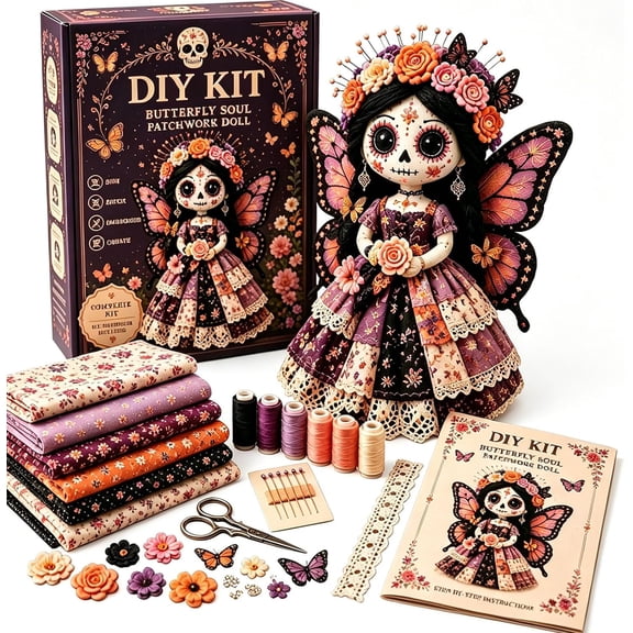 Day of the Dead Sugar Skull Doll DIY Craft Kit, "Stitch Your Soul" Dia de los Muertos Patchwork Sewing Set for Adults, Premium Handmade Fall Decor & Collectible Halloween Gift