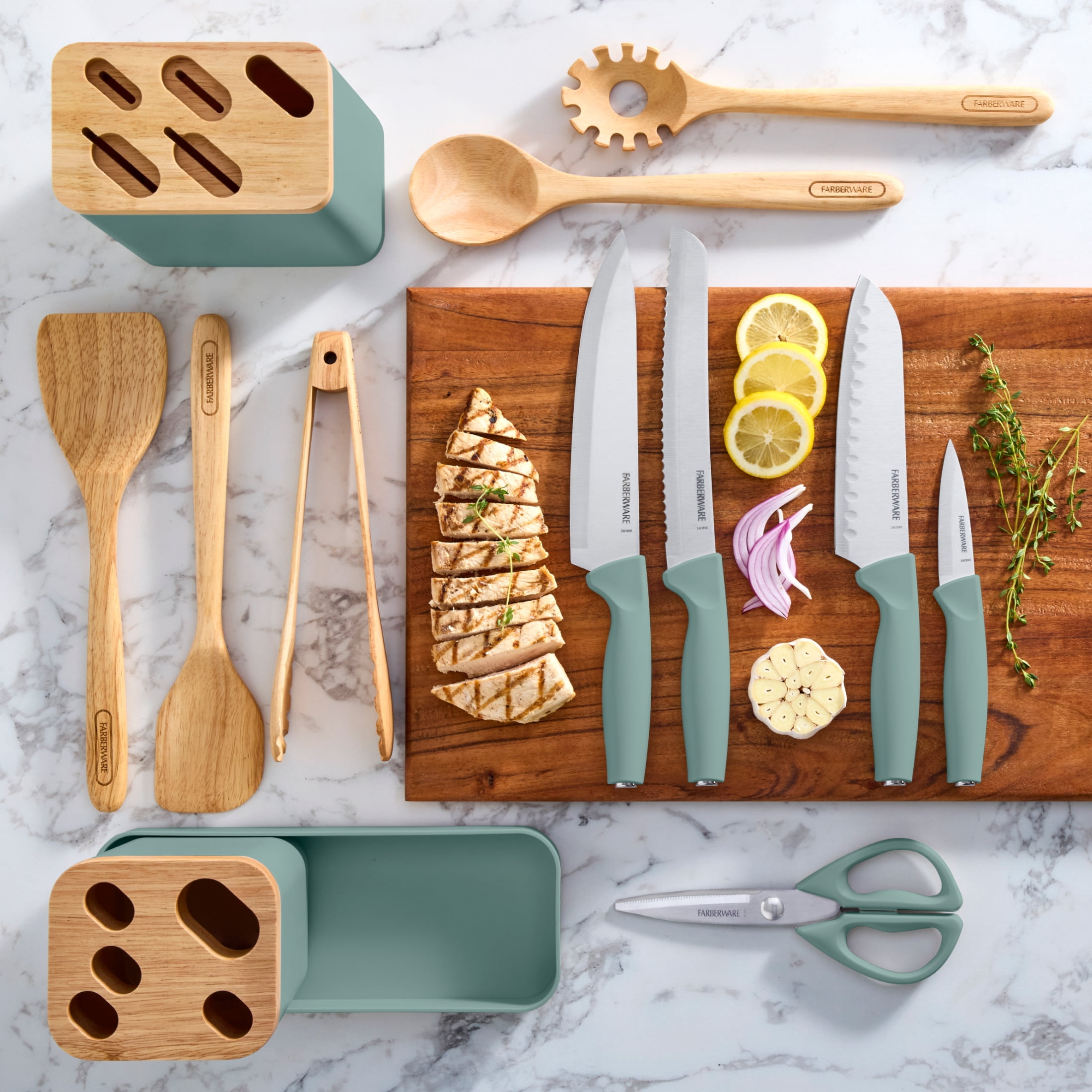 Farberware Professional Wood Kitchen Utensil and Knife Set with Counter Storage Sage, 13-Piece