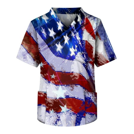 

Alrise Men s Scrub Tops Big and Tall V Neck Short Sleeve Independence Day Shirts with Pockets Blue Medium