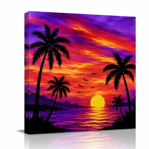 Canvas Wall Art, Summer Beach Landscape Framed Canvas Prints for Bathroom Kitchen, Ocean Palm Trees Sunset Scenery Gallery Wrapped Wall Decor for Home Office, Gifts, 10"x10" Ship Next Day