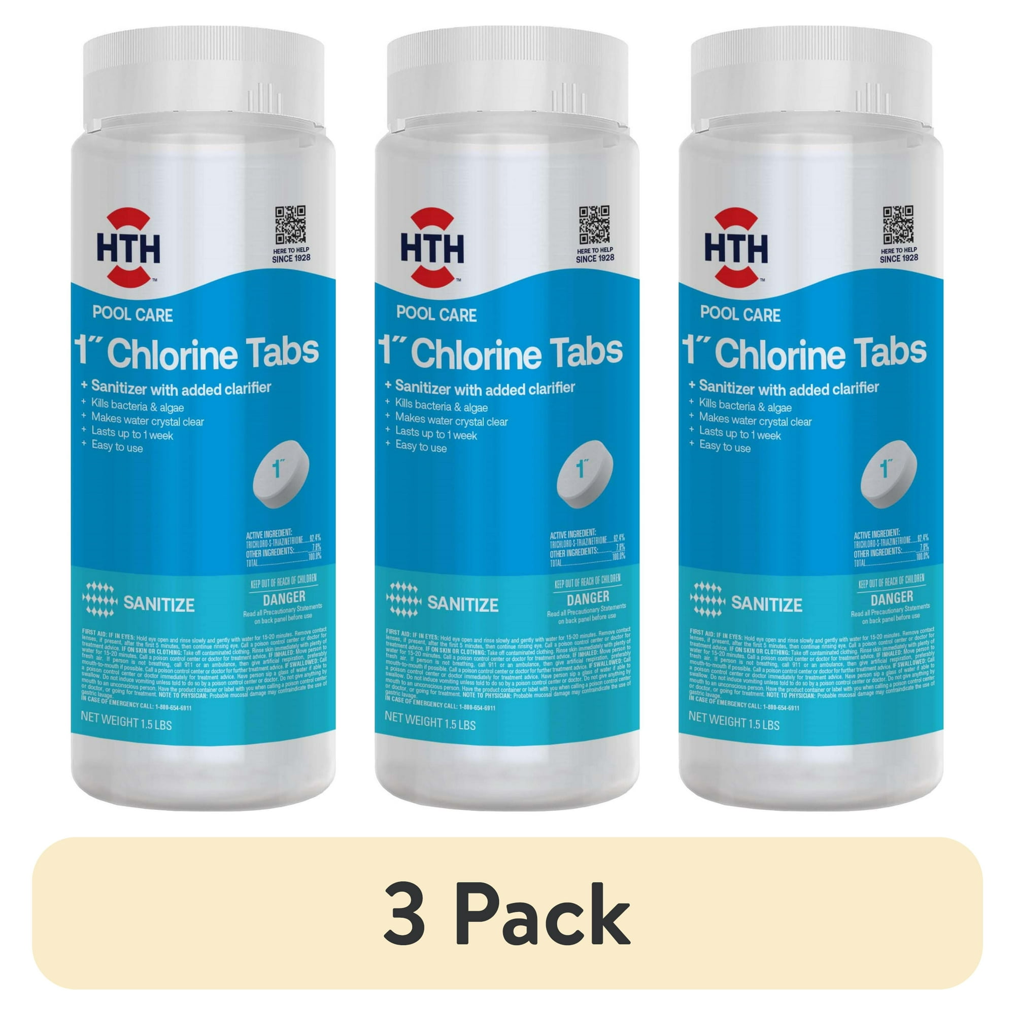 (3 pack) HTH 1 Inch Chlorine Tablets 1.5 lb Pool Sanitizer for Algae and Bacteria Prevention