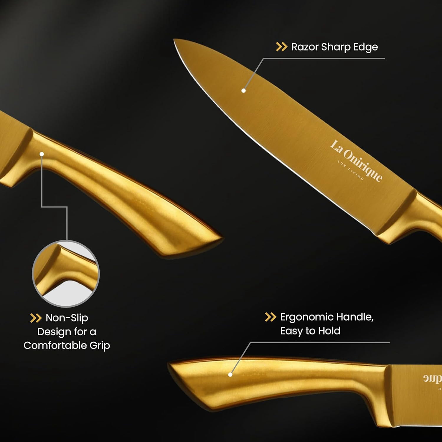 Luxury Silver & Gold Kitchen Knife Set with Block & Sharpener – 8-Piece -Coated Stainless Steel Knives, Super  Cutlery Tools for Home Cooking