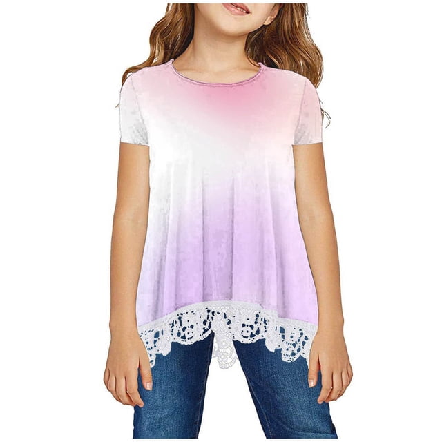 Jgppe Girls Short Sleeve Tops Flowy Lace Trim Gradient Color Printed A-Line Pullover Loose Tunic Shirt 3-14 Years