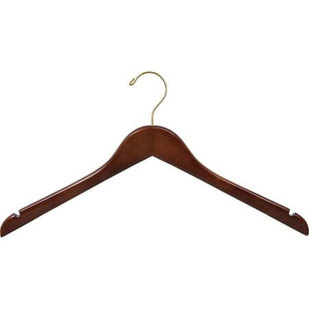 Wooden Top Hanger with Walnut Finish, (Box of 8) Space Saving 17 Inch Flat Hangers with Brass Swivel Hook & Notches for Hanging Straps