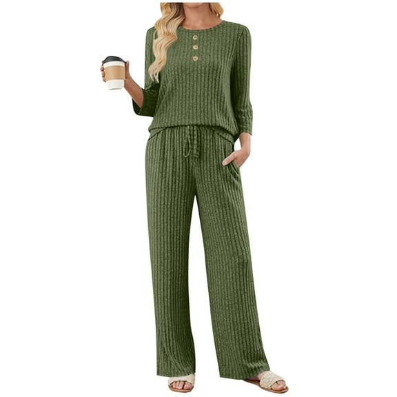 gbyLJF Casual Sets for Women 3/4 Long Sleeve Round Neck Tops and Elastic Waist Long Pants Knitted Striped 2 Piece Outfits Sweatsuit