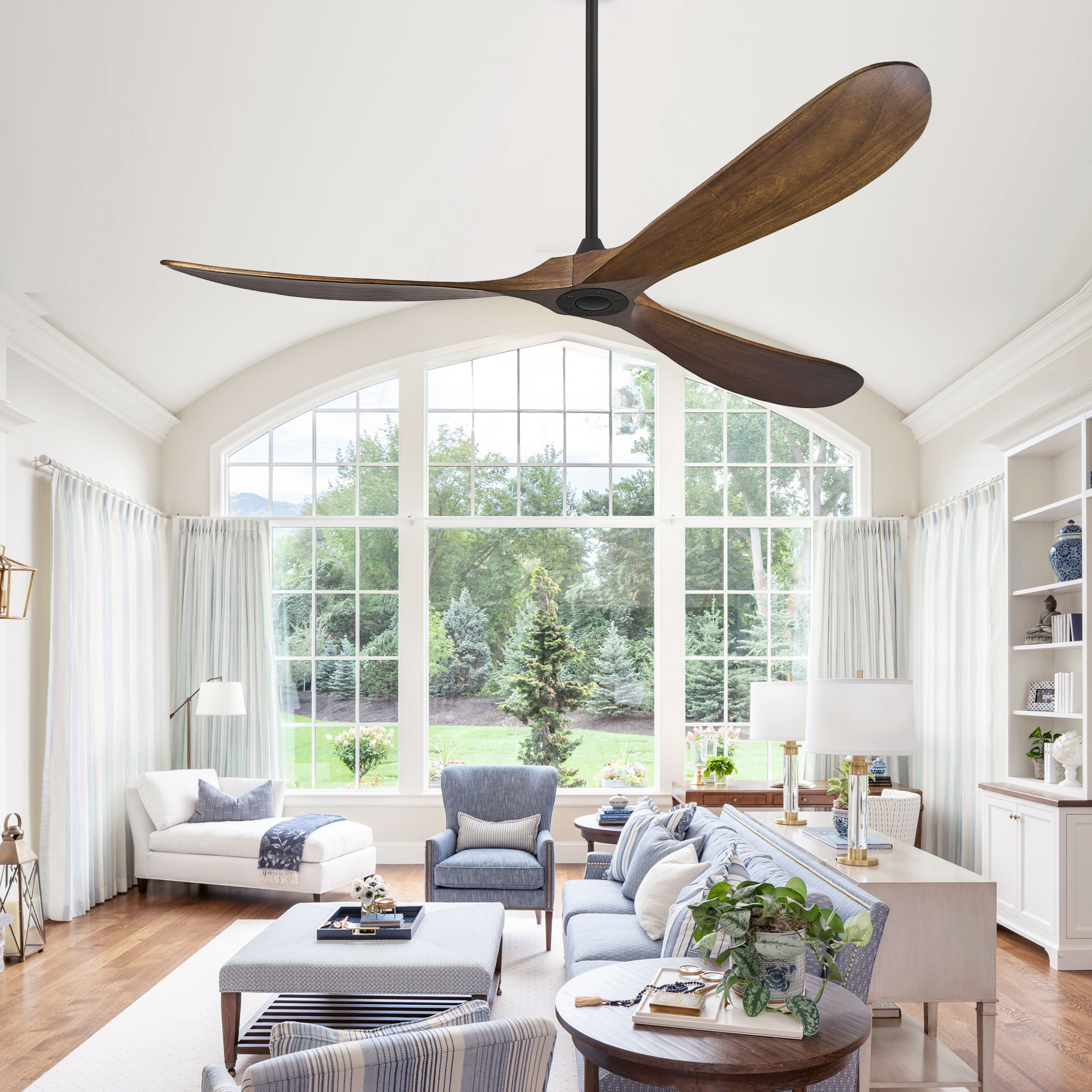 72 Inch Solid Wood Walnut Coastal Farmhouse Indoor Outdoor Patio Propeller Ceiling Fan with Remote DC Motor