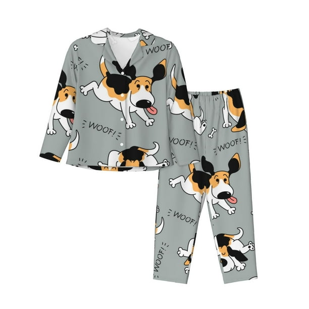 Balery Funny Beagle Active Dog Conjunto de Pijama con Estampado para Mujer, Conjunto de Dos Piezas con Manga Larga, Ropa de Dormir Suave con Bolsillos, Pijamas Cómodos-Small
