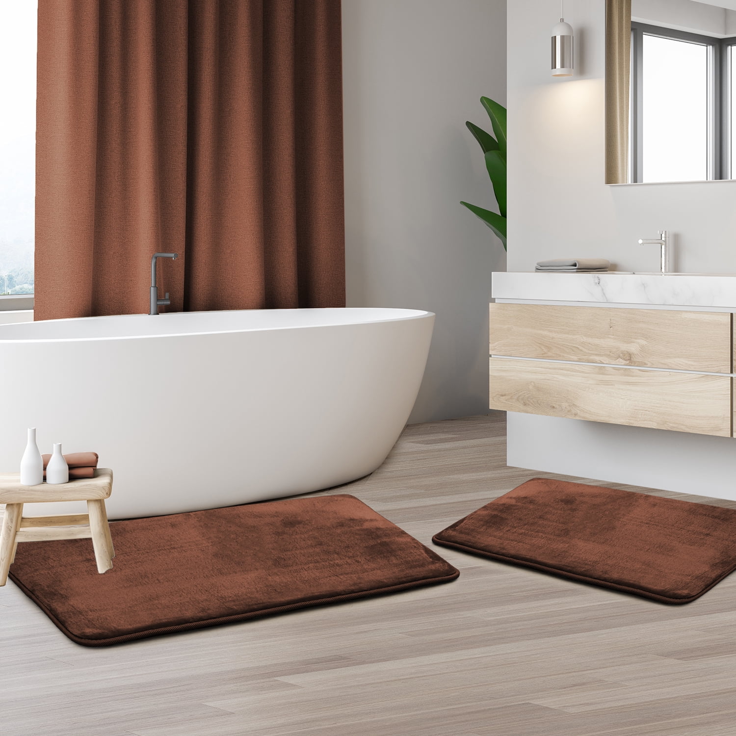Clara Clark Set of 2 Absorbent Memory Foam Bath Mat Bathroom Rugs,17x24 Plus 20x32 inch Bath Rugs, Brown