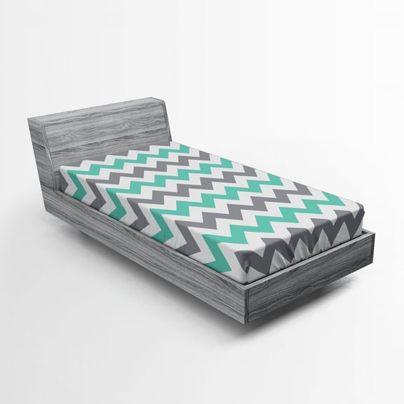 Ambesonne Chevron Fitted Sheet, Geometric Wavy Zigzag, Twin Size, Seafoam Grey White