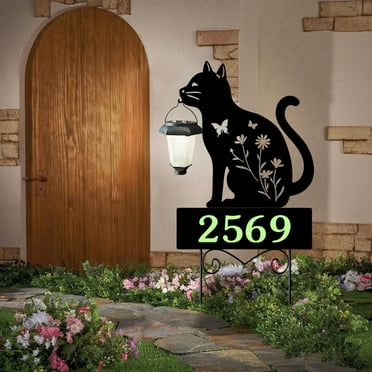 House Address Signs, Solar Powered Garden Stake with Glow in the Dark Numbers - Waterproof Outdoor Yard Sign Decor (Cat Black)