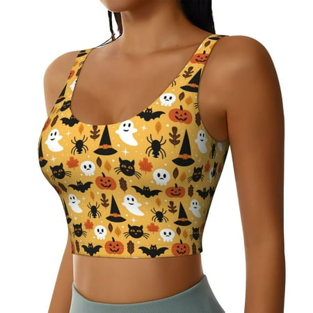 Haiem Halloween Ghost Pumpkin Pattern Womens Sports Bra - U Neck Padded Low Impact Yoga Bra Workout Crop Top Gym Moisture-Wicking Workout Vest -Medium