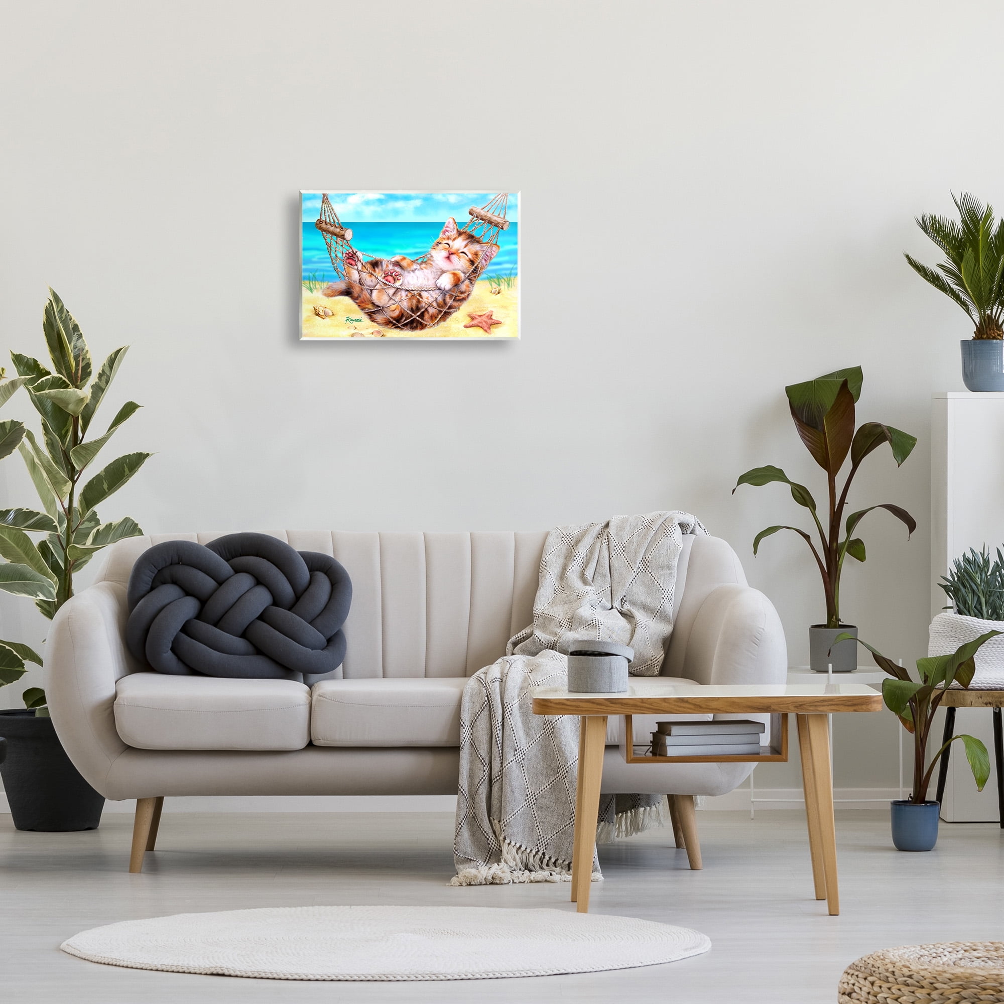 Stupell Industries Kitten in Beach Hammock Animals & Insects Painting Unframed Art Print Wall Art, 19 x 13
