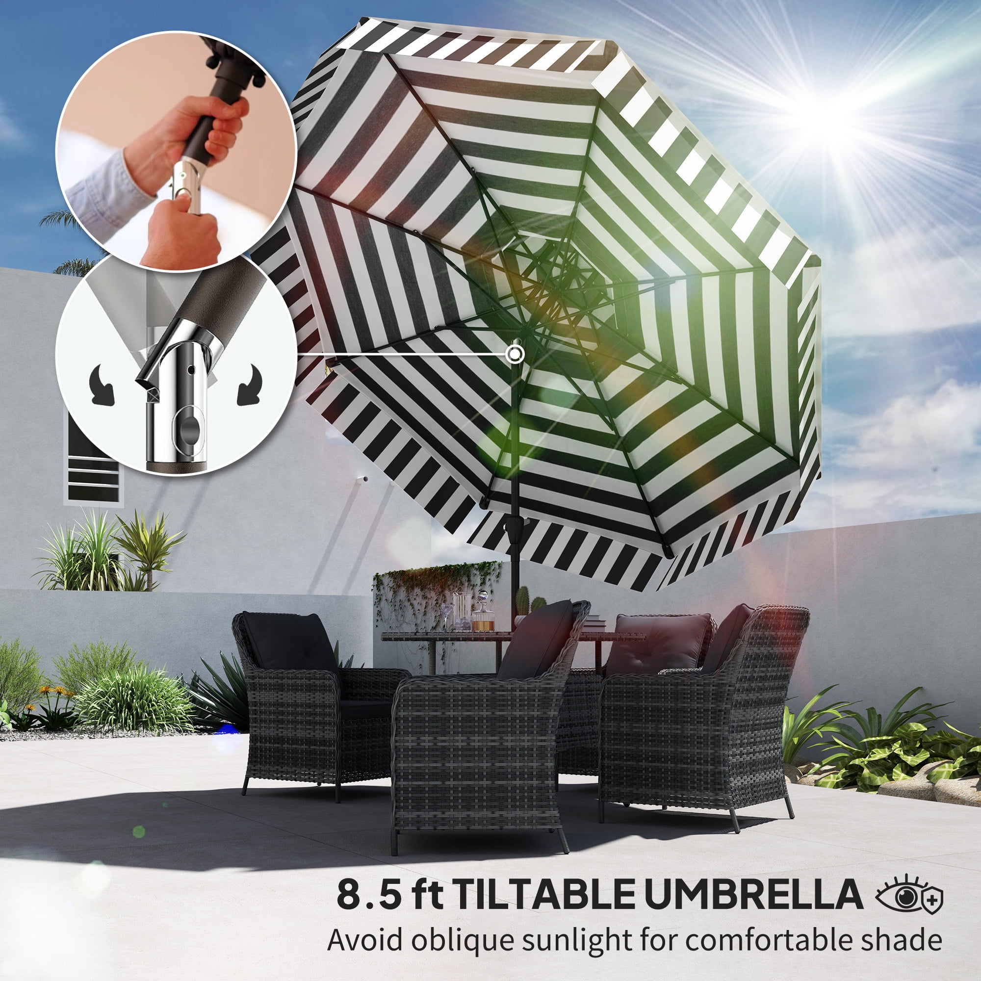 Outsunny 8.6FT Patio Umbrella, UPF 30+ Outdoor Market Umbrella, 2-Tier Vented Patio Table Umbrella with Crank, 8 Ribs, Push Button Tilt, Black
