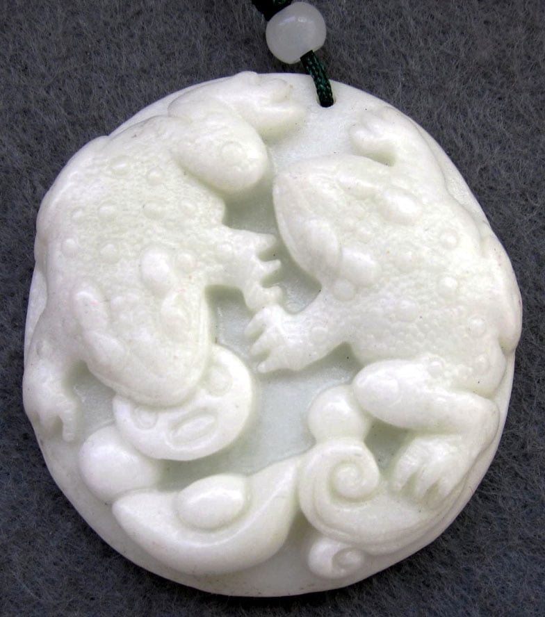 White Jade Gemstone Two Lucky Toads Frogs Yuanbao Coin Money Pendant 