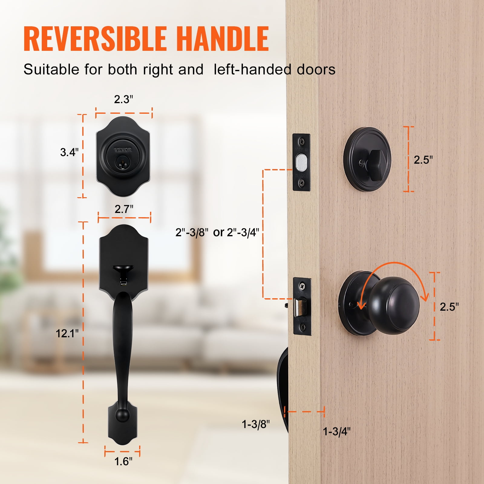 VEVOR Front Door Handle and Deadbolt Set, Matte Black Front Door Lock Set with Interior Knob, Adjustable Hole Spacing Single Cylinder Handleset, for Right and Left Handed Entrance and Front Door