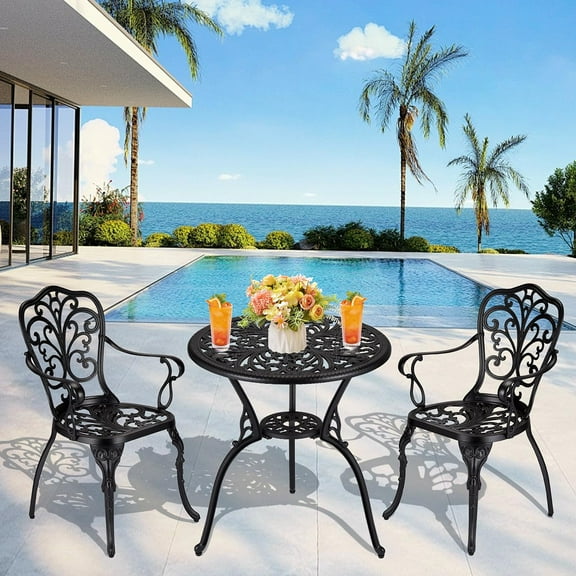 Ataucjin 3 Piece Bistro Set, Outdoor Rust-Resistant Cast Aluminum Bistro Table and Chairs Set of 2, All Weather Patio Bistro Set with Umbrella Hole for Backyard, Balcony, Front Porch