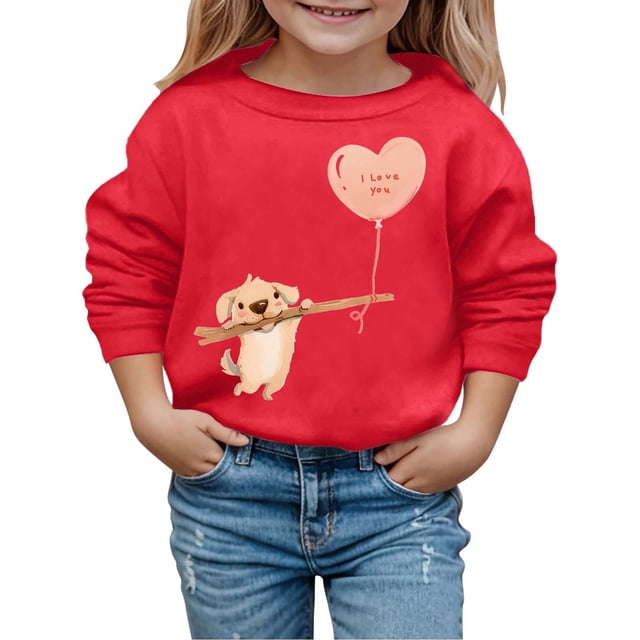 MEZZALL Sweat à Capuche Imprimé Chiot Mignon Cœur d'Amour Printanier pour Enfants, Rouge Pastèque, 4-5 Ans