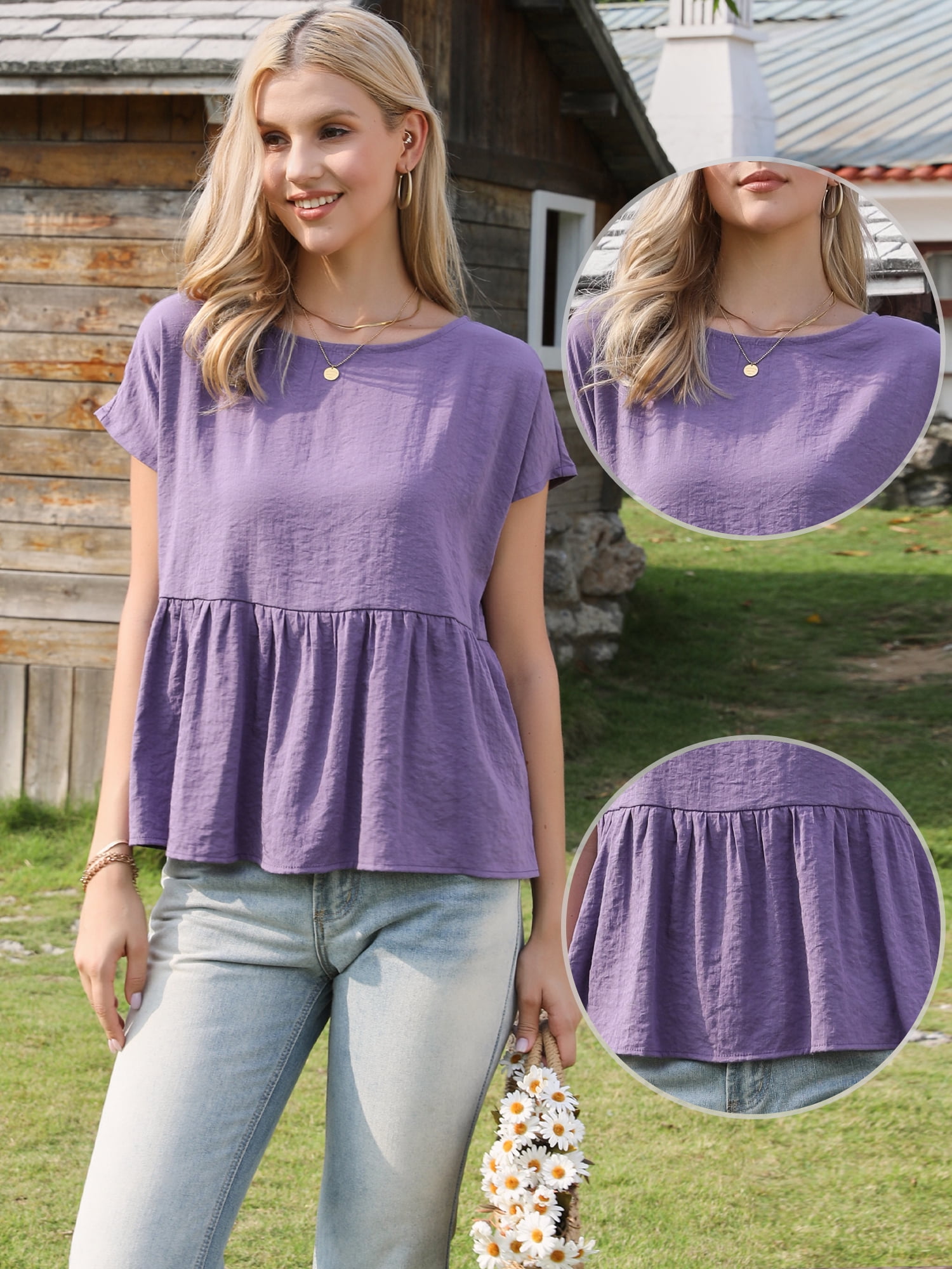 DARING DIVA Women's Short Sleeve Blouse Casual Round Neck Ruffle Flowy Top XS Purple