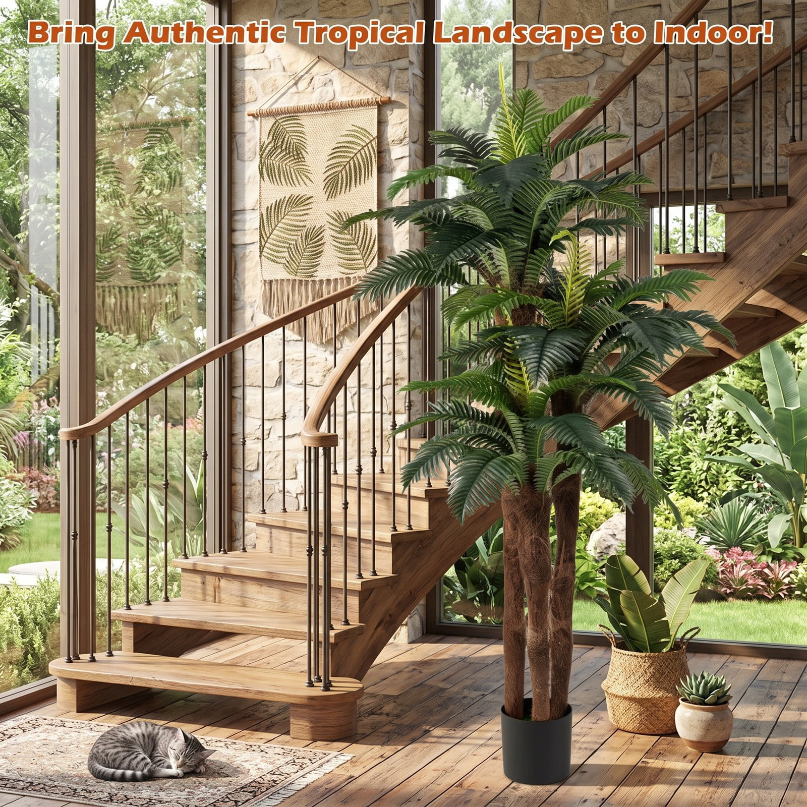 ALPULON 2 Pack Artificial Palm Tree 6.3 FT Tall Faux Tropical Plant with Adjustable Bendable Leaves and Cement-Filled Pot for Indoor Home Office, Green and Black
