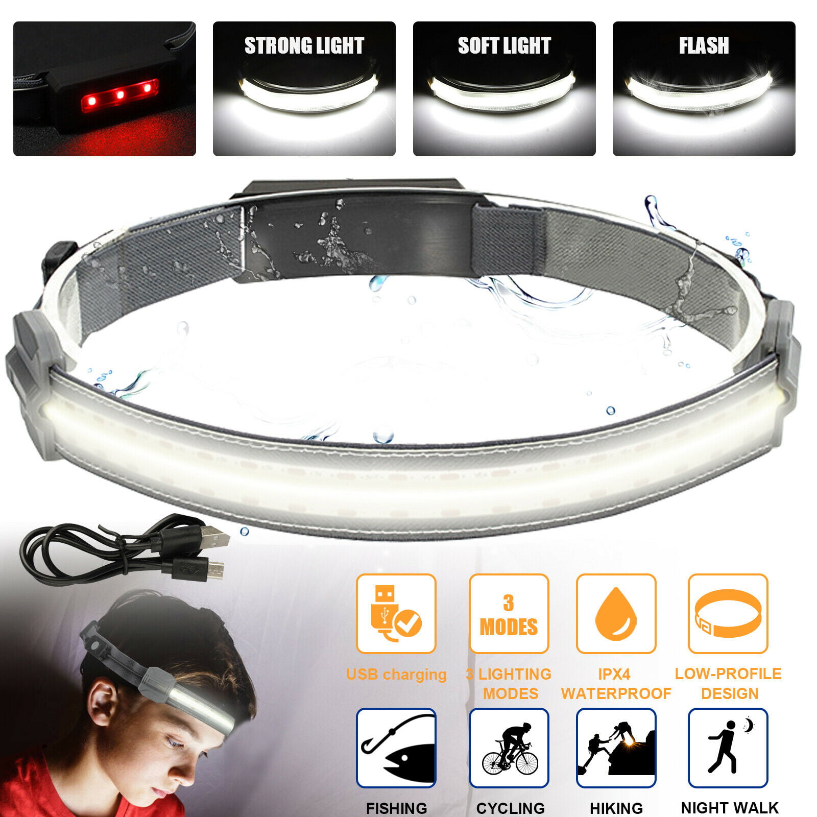 COB LED Head Band Light Flashlight Headlamp 3Mode Broadbeam Torch Lamp USA 