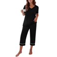 thumbnail image 2 of Womens 2 Piece Capri Sets,V Neck Short Sleeve Casual Matching Sets,Summer Loungewear Set with Elastic Waist Pants,Soft Lightweight Comfy Outfit for Daily Wear Black L, 2 of 6