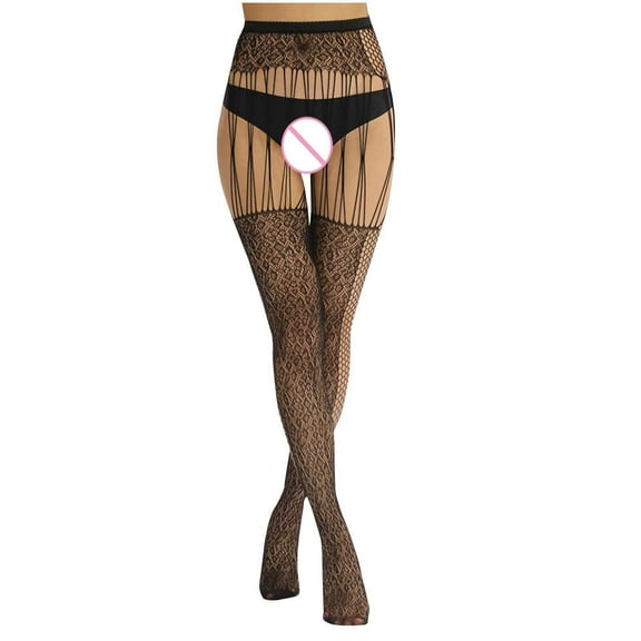 Kilaqueen Women Fishnet Suspender Pantyhose Mesh Open Crotch Thigh High Stocking Cut Out Garter Belt Lingerie Tights Sexy Lace Leggings