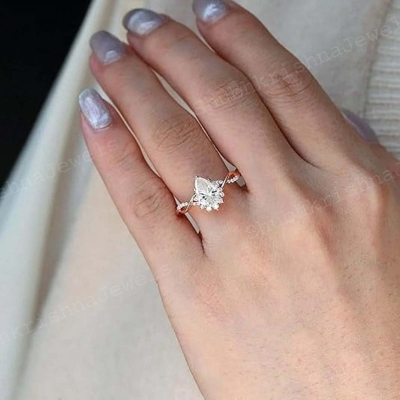 SHUBHKRISHNAJEWELLS 14K Gold 1.50 CT Pear Cut Engagement Ring with Real Diamond for Women Birthstone Wedding Promise Rings for Her
