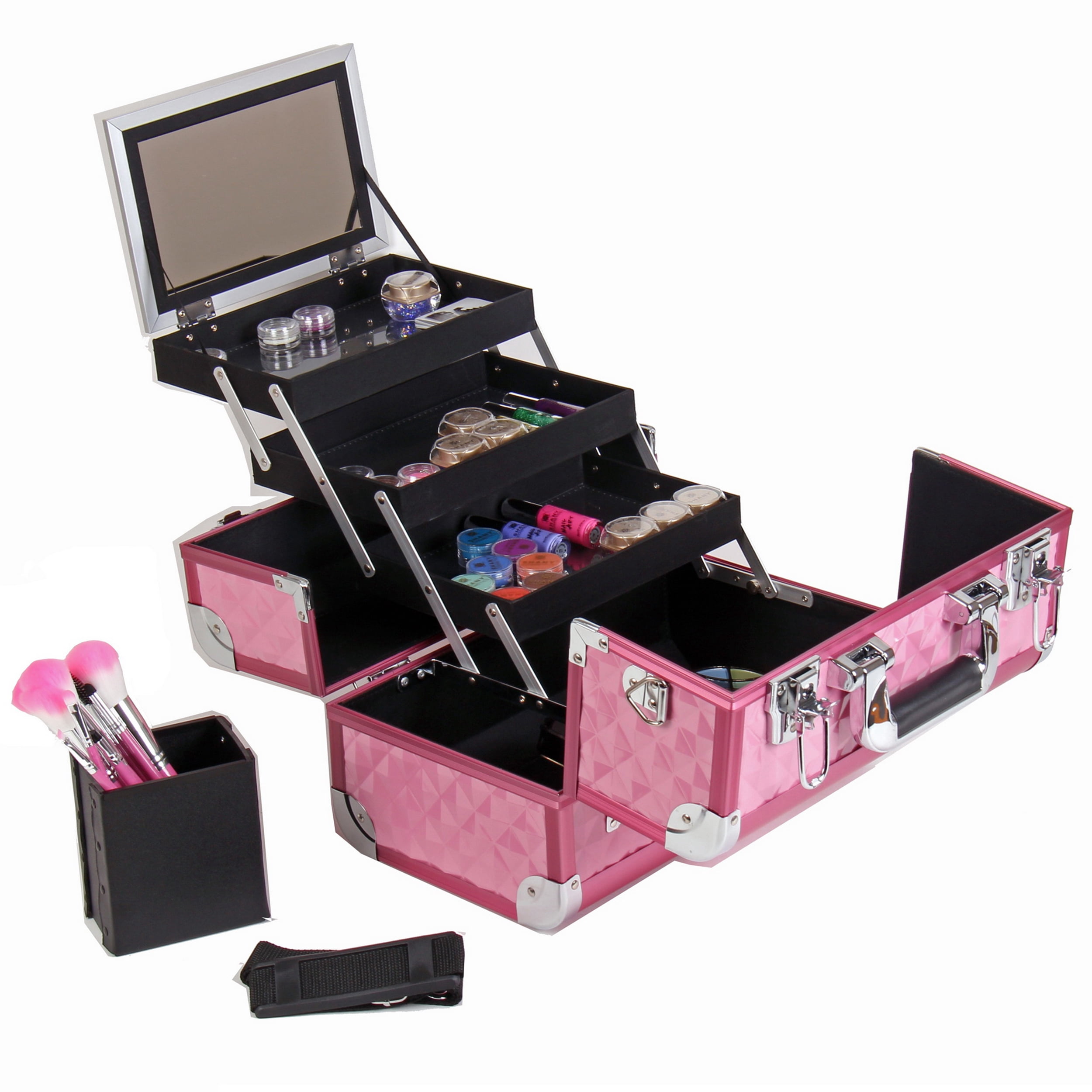 SHANY Premier Fantasy Professional Makeup Train Case Cosmetic Box Portable Makeup Case Organizer Jewelry storage with Locks , 3 Trays , Makeup Brush Holder and Cosmetics Mirror - Soft Pink
