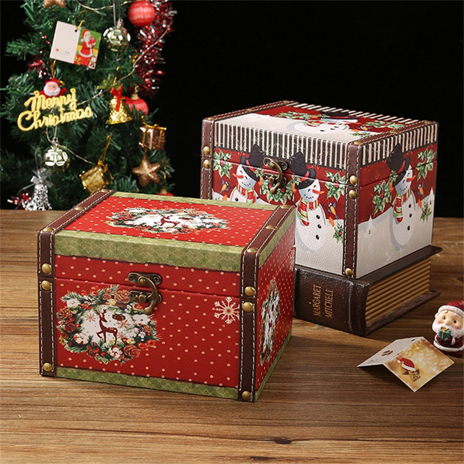 XKHHLH PU Leather Wooden Storage Box with Lid Small Antique Jewelry Treasure Box, Vintage Treasure Chest Box with Handle for Cards,Photo,Keepsakes Gift for Christmas Birthday