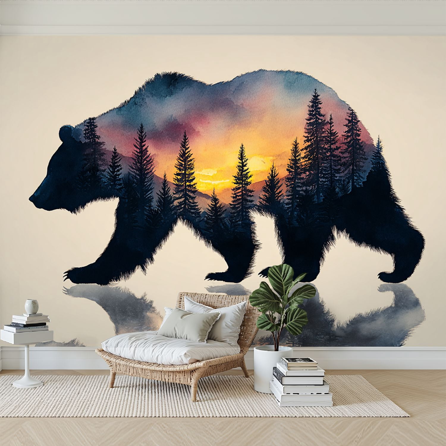 Wallpaper Animal Forest Scene Bear Trees Sunset Silhouette Peel and Stick Wall Murals 100"H x 144"W Removable PVC Wall Paper Self-Adhesive Wall Paintings Art Decor for Bedroom Living Room