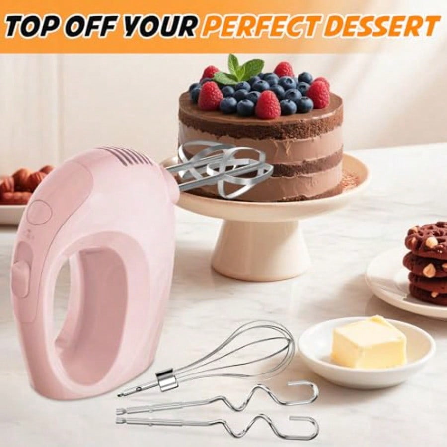 Handmixer Electric Handheld - 5 Speed Portable Kitchen Mixer Electric with 5 Stainless Steel Accessories Whisk Food Beater for Whipping Mixing Cookies Pink