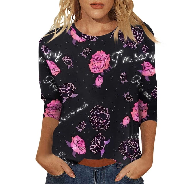 Hot Sale!! Hauts de la Saint-Valentin à Manches 3/4 pour Femmes Grande Taille Tunique à Col Rond Tenues Douces pour la Saint-Valentin Violet + S