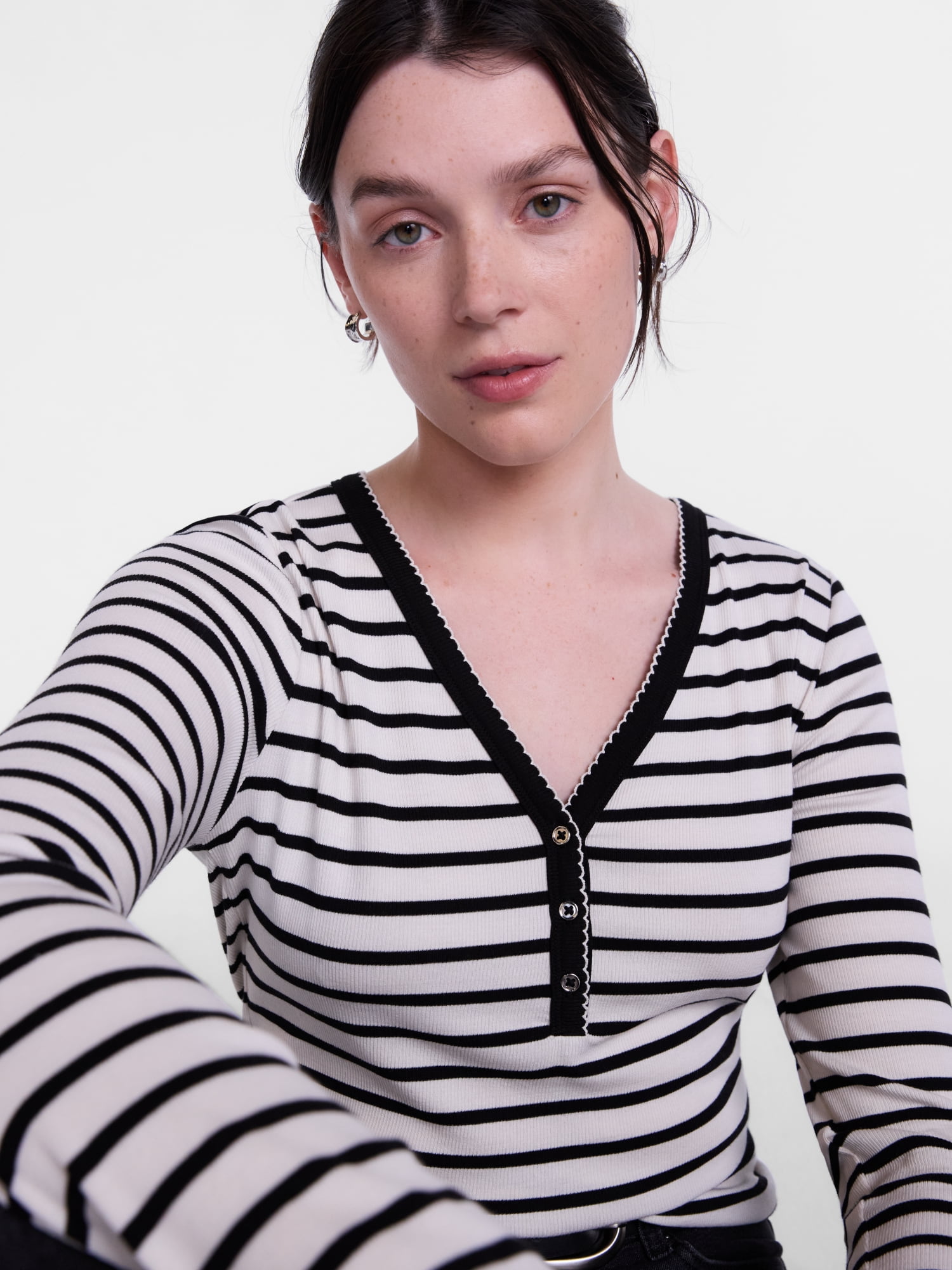 Scenario Women's and Women's Plus Striped Henley Shirt with Long Sleeves, Sizes XS-4X