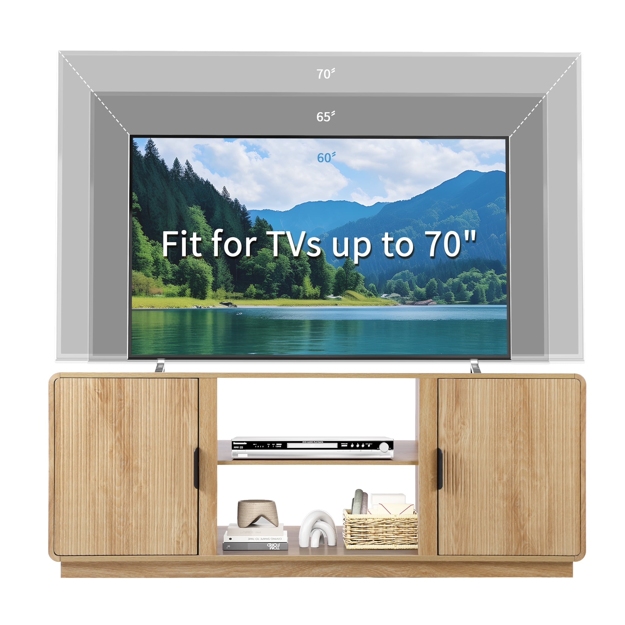 LEFHDA 60-inch Mid Century Modern TV Stand with Fluted Design & 2 Storage Cabinets, Entertainment Center for TVs up to 75" with Adjustable Shelf and Cable Management