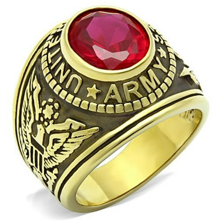 Stainless Steel US Army Military Ring Gold Plated with Red Stone, Size 10
