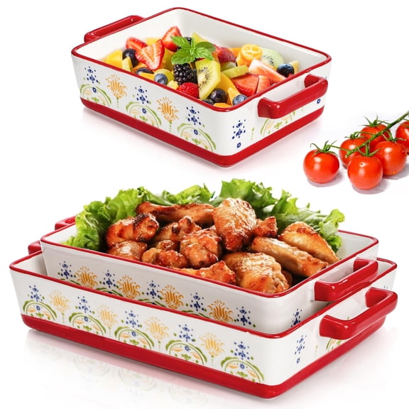 Set Of 3 Ceramic Baking Dishes  Rectangular Casserole Dish For Oven Bakeware Lasagna Pan Deep With Handles Cooking Wedding Gift 3 Sizes (12''/10.7''/7.7'') Red