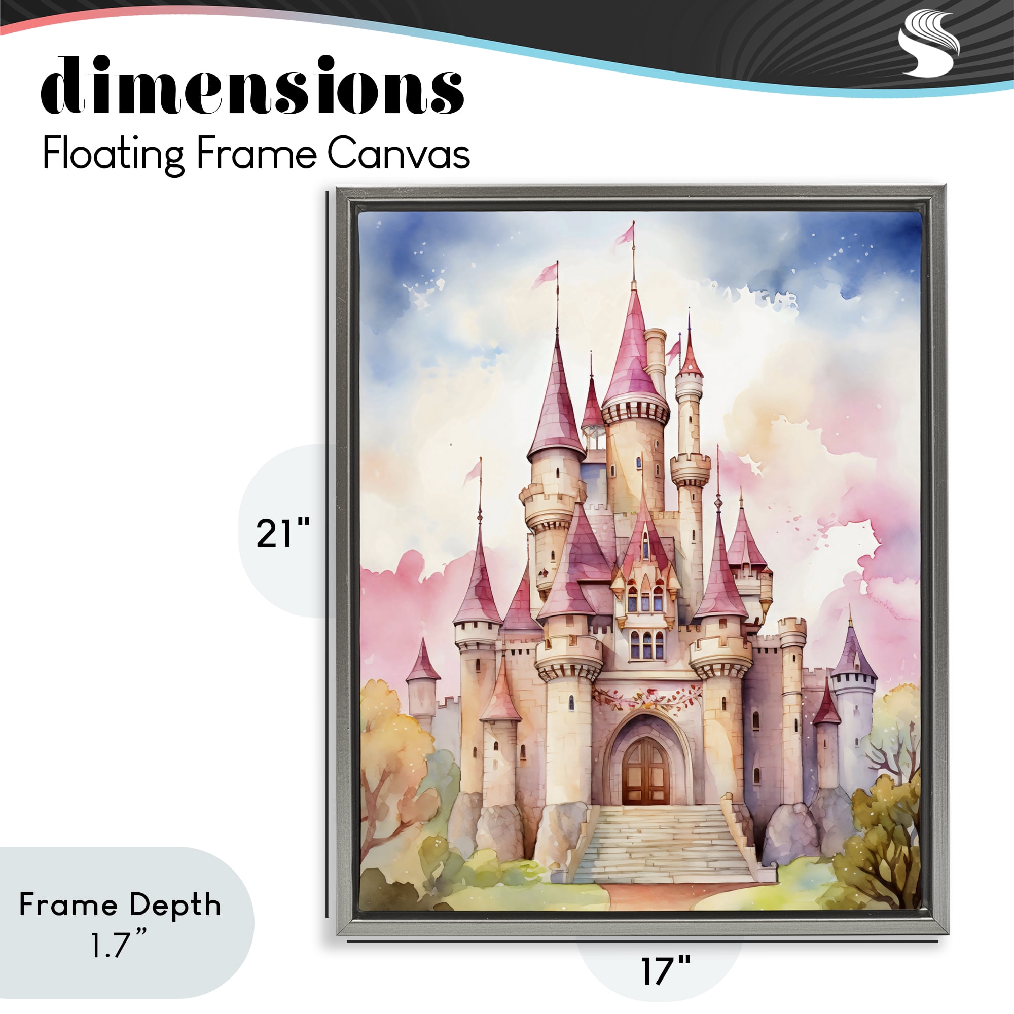 Stupell Industries Princess Castle Watercolor Portrait Gray Framed Floater Canvas Wall Art, design by Creative Studio