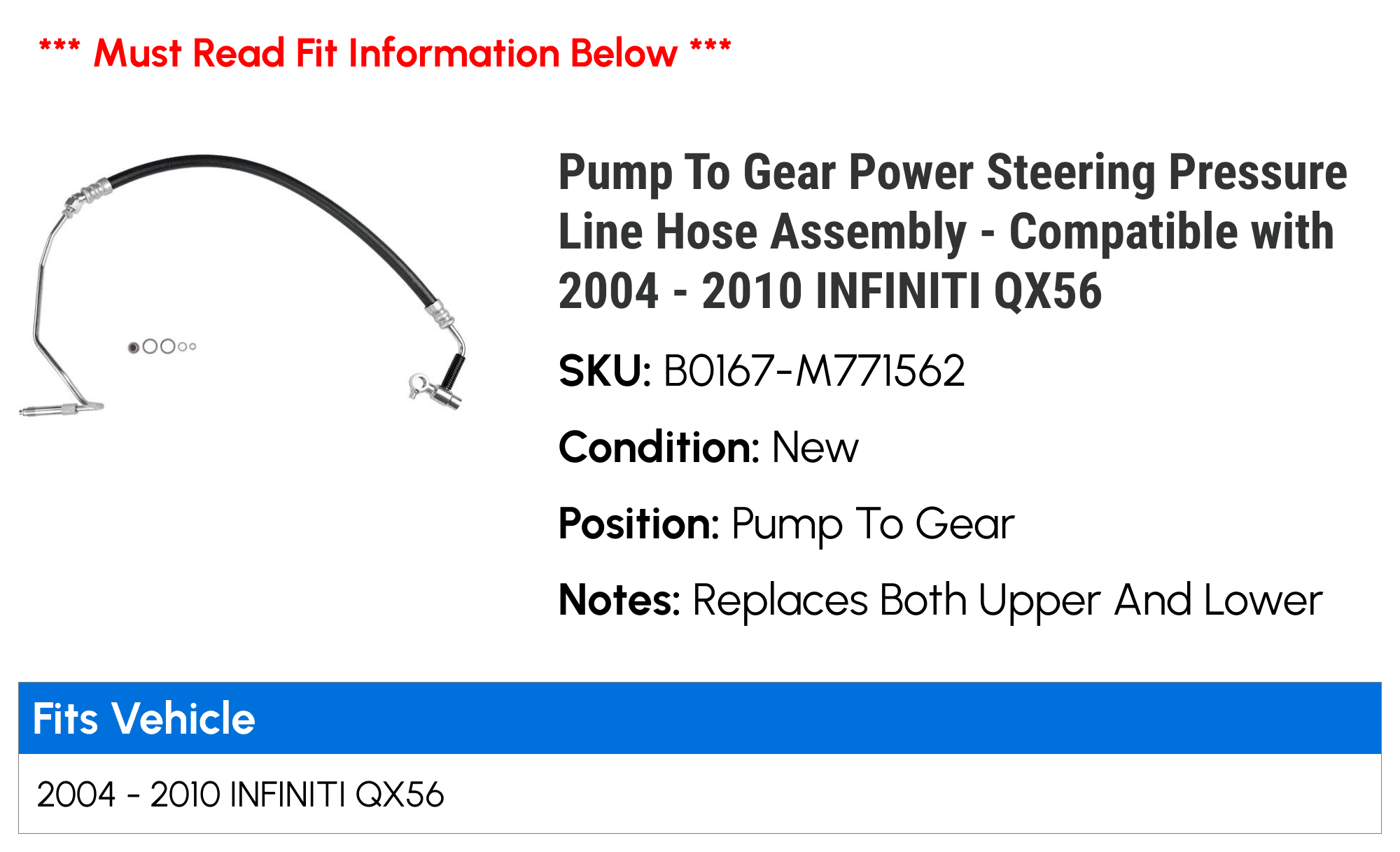 Pump To Gear Power Steering Pressure Line Hose Assembly - Compatible with 2004 - 2010 INFINITI QX56 2005 2006 2007 2008 2009