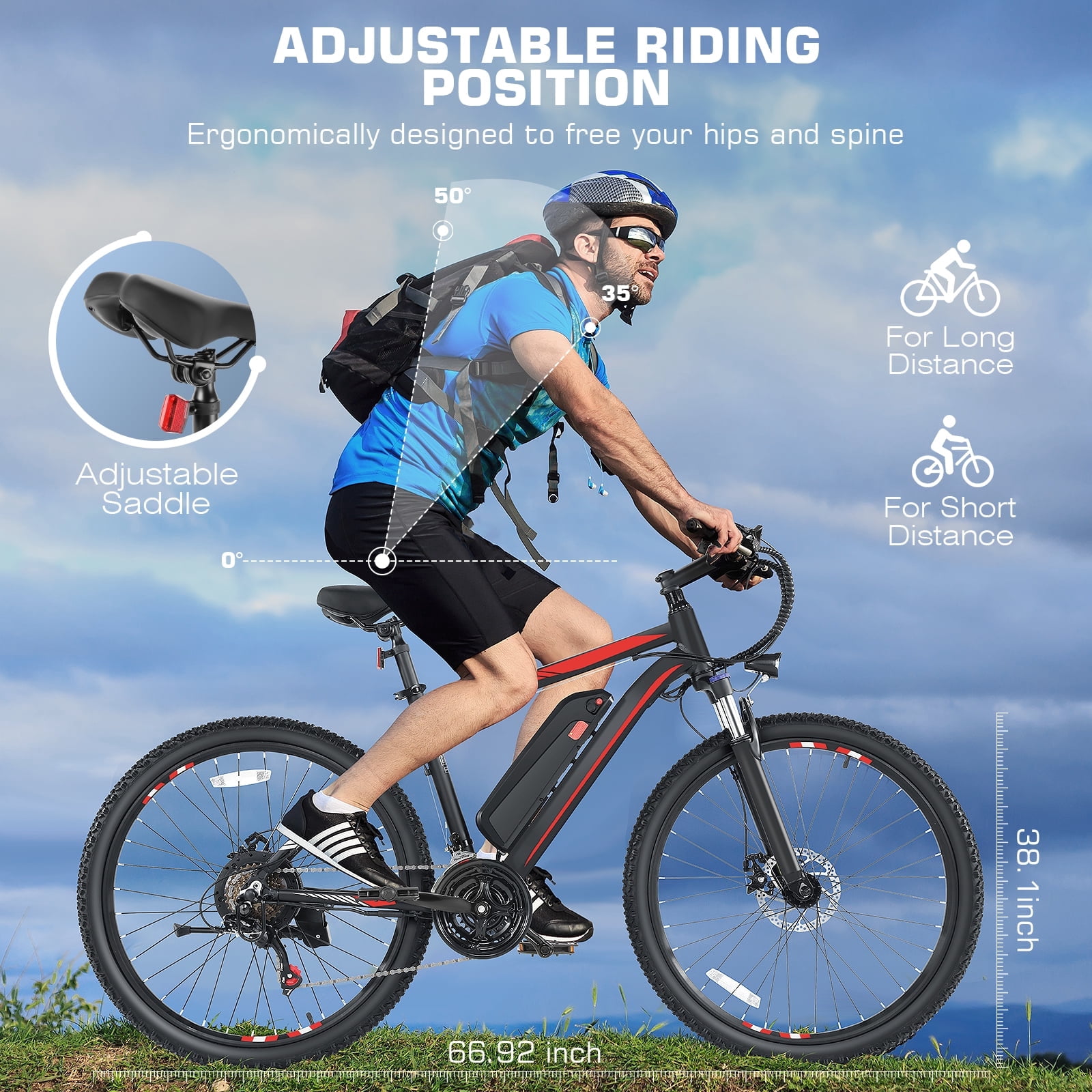 Elifine 500W Electric Bike 26" Electric Bike for Adults, 20mph Electric Mountain Bicycle, 48V Removable Battery Commuter Ebike, Adjustable 21-Speed Gears, Aluminum Alloy Frame UL 2849 Certified Red