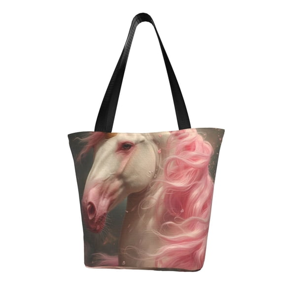 Lsque Haired White Horse Pattern Beach Tote,Shoulder Handbag,Spacious Tote Bag,Lightweight Travel Bag,Versatile Shopping Bag