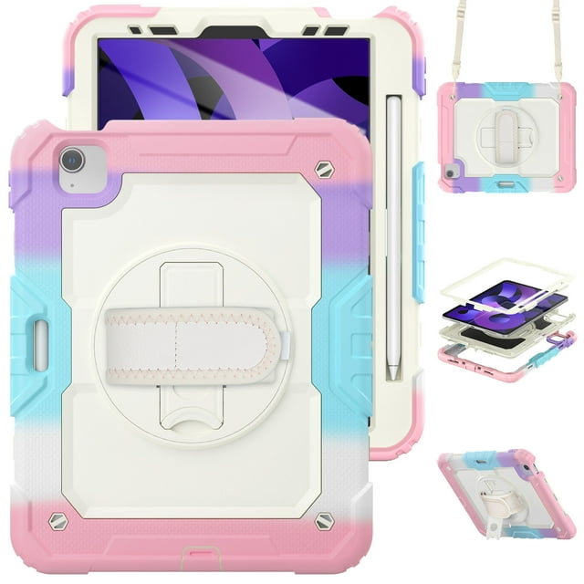 Case for iPad Air 5th Generation / iPad Air 4th Generation 10.9 inch with Screen Protector, 360 Degree Rotating Kickstand Hand Strap Shockproof Cover with Shoulder Strap, Rainbow Pink