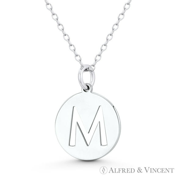 Initial Letter "M" Cutout 20x15mm (0.8in x 0.6in) Round Disc Pendant in .925 Sterling Silver