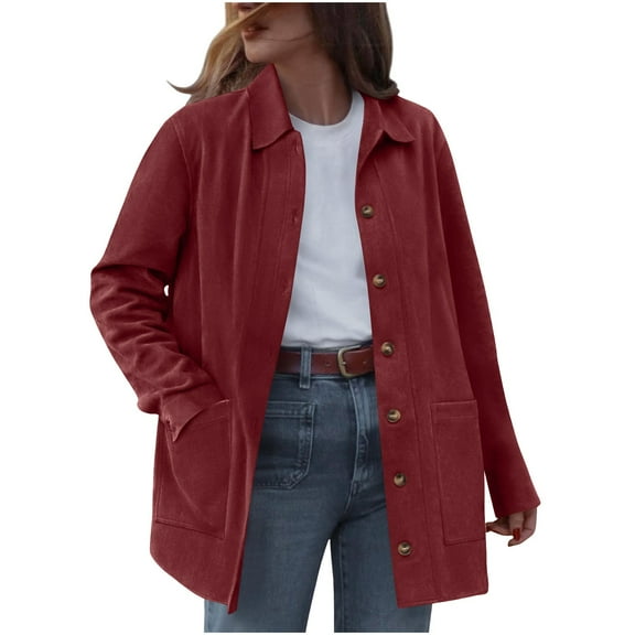 XPMWRP Women's Faux Suede Button Jacket Long Sleeve Solid Color Casual Lapel Coats Winter Loose Warm Trendy Coats with Pocket Red XL