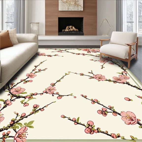 Flatwoven High Traffic Area Rug, Delicate Blossom Motif with Vintage Botanical Accents, Non Slip, Stain Resistant, Washable Area Rugs for Living Room, Bedroom(Peach, 4X6)
