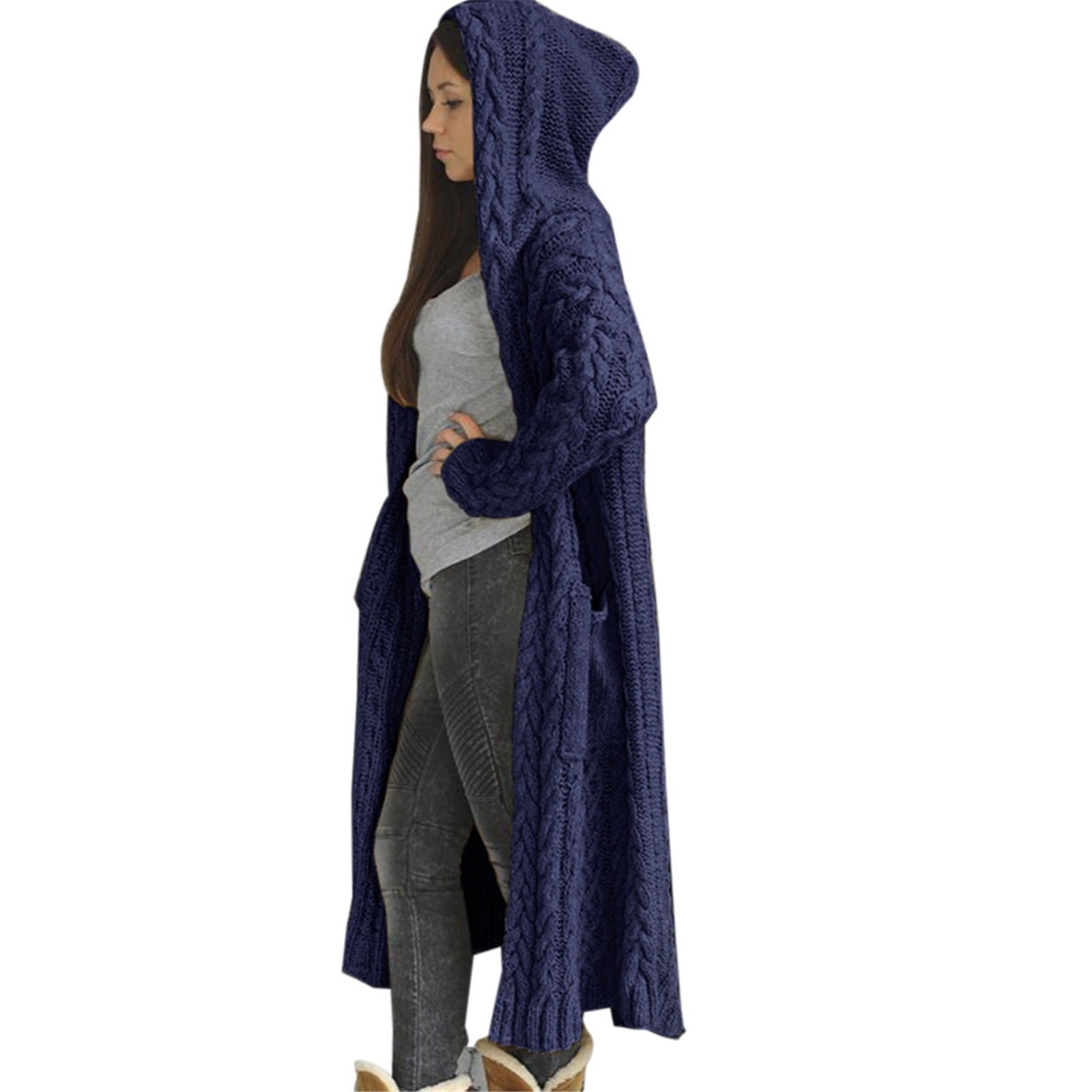 Hvot&aat Women's Cable Knit Hooded Sweaters Open Front Cardigan Long Sleeve Sweater Coats Oversized Maxi Jacket with Pockets