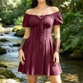 thumbnail image 2 of KICILVS Womens Witch Costumes Adult Plain Off Shoulder Short Sleeve Corset Lace Up Waist Pleated Mini Party Dress Purple, 2 of 7