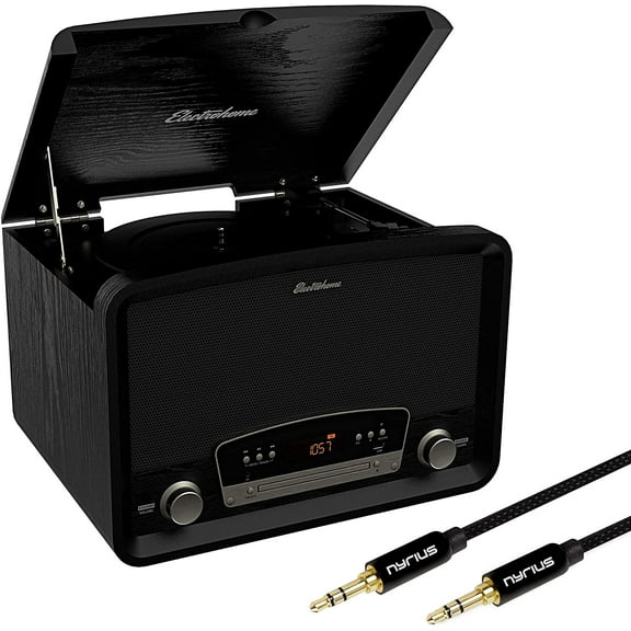 Electrohome Kingston 7-in-1 Vintage Vinyl Record Player Stereo System with 3-Speed Turntable, Bluetooth, AM/FM Radio, CD, Aux In, RCA/Headphone Out with Bonus 3.5mm Aux Cable (RR75B)
