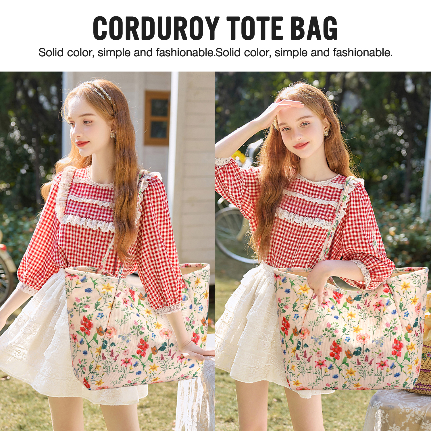 Gocvo Extra Large Corduroy Tote Bag in Retro Flower photo 5