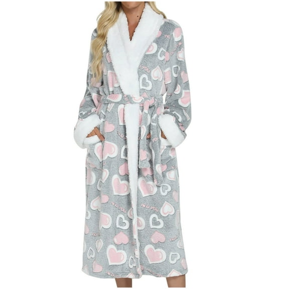 Fengactive Women's Plush Warm Long Robe Heart Print Bathrobe Thick Fluffy Loungewear Robes with Pockets